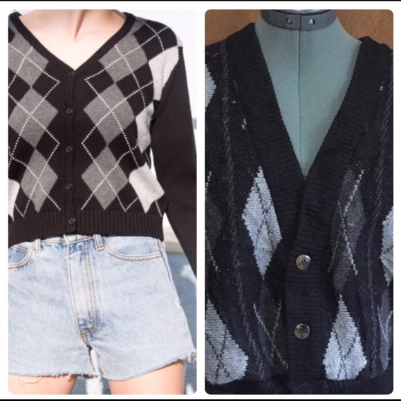 Black Plaid Cropped Button Down Sweater Cardigan - Picture 3 of 10